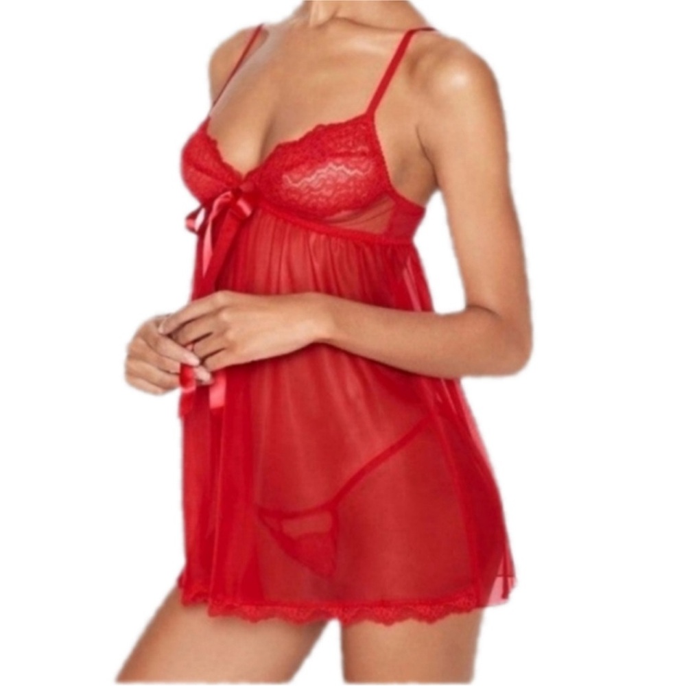 VICTORIA’S SECRET Red Babydoll Lace Lingerie Set Women’s Large NWT NEW